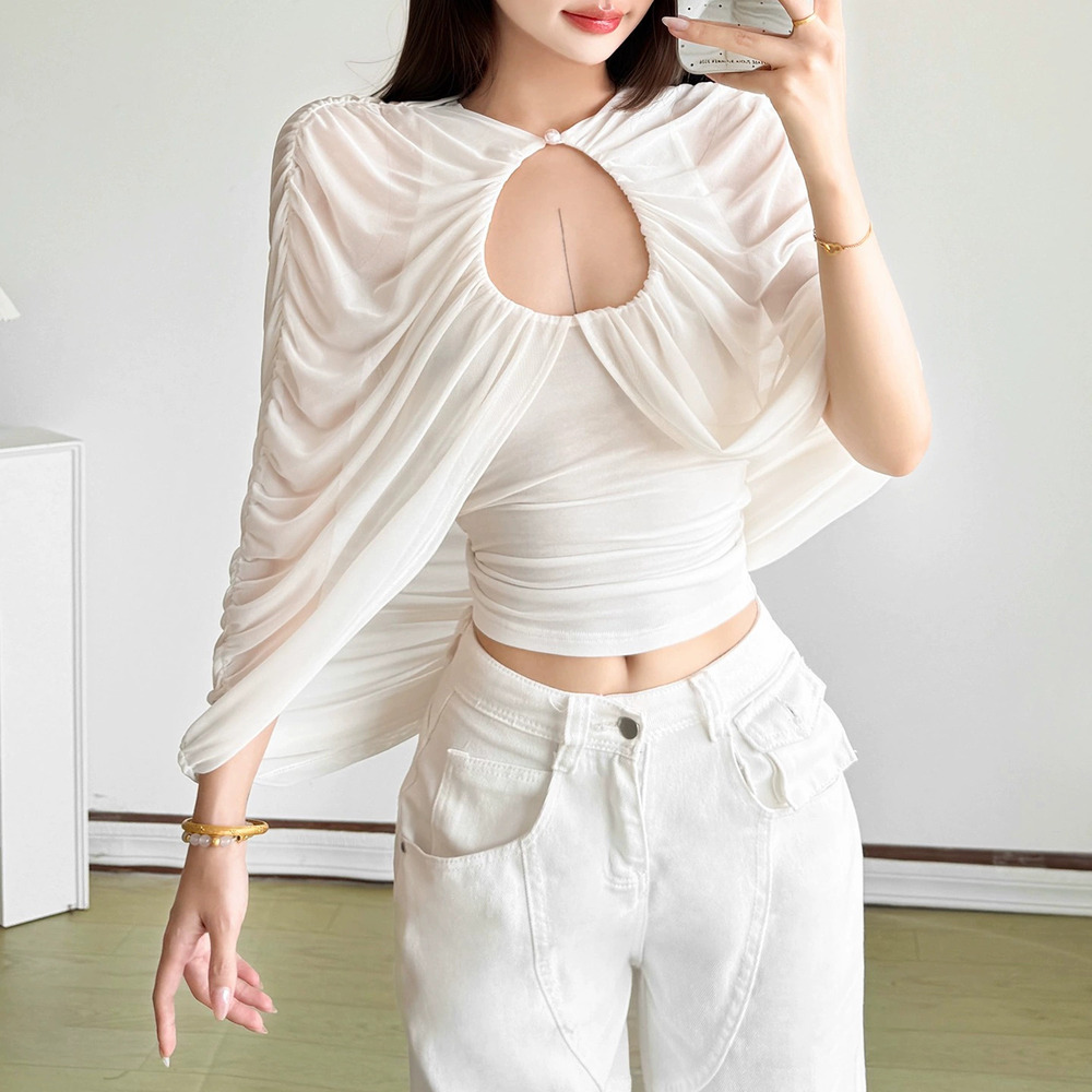 Zara Autumn Beaded Button Cutout Shirred Cape Chiffon Shawl Blouse